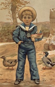 Niño marinero con un barco, tarjeta victoriana de English School